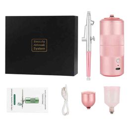 Oxygen Injector Mini Air Compressor Kit Air-Brush Paint Spray Gun Airbrush For Nail Art Tattoo Craft Cake Nano Fog Mist Sprayer 220505