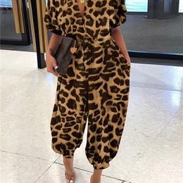 Celmia Summer Romper Women Sexy Leopard Print Retro Jumpsuits Short Sleeve Casual Loose Buttons Cargo Pants Vintage Overall 220714