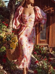 Женщины элегантные затяжные плечи Drape Drape Платье весеннее бретелек Sweet Boho Long Summer Floral Print Maxi Beach 220602