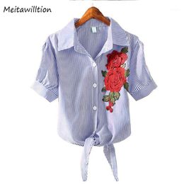 Summer 2022 Embroidery Blouse Kimono Pinstripe Women Short Puff Sleeve Blusas Embroidered Shirts Female Clothing Women's Blouses &