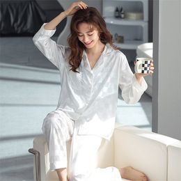 Womens Silk Pyjamas Suit Sexy Long Sleeve Sleepwear Satin Underwear Plus Size Lingere Home Clothes 2-piece Loungewear 220329