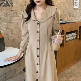 Casual Dresses 2022Autumn Spring French Lapel Western Style Clouds Collar Single-Breasted Draw Back Thin Puff Sleeve Long Dress Vestidos