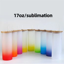 17oz Sublimation Glass tumbler blank Frosted Glasses Water Bottle gradient colors printing tumblers with bamboo lid & straw DIY coffee mugs