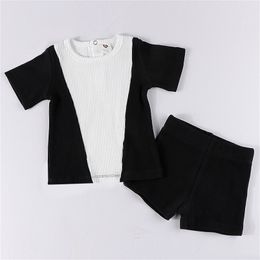 Boy s set summer clothes 2pcs top and short black ribbed kid baby boy round neck sleeve contrast patch 220620