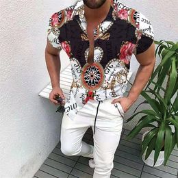 Mens Summer Fashion Contrast Color 3D Printing Casual Short Sleeve Shirts Luxury Cardigan Street Hip Hop Style 220623