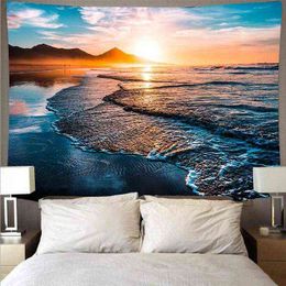 Beautiful Sunset Tapestry The Great Wave Beach Blue Sea Wall Hanging Wall Tapestry Wall Cloth Mat Background Blanket Home Decor J220804