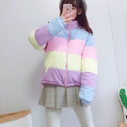 Rainbow Colorful Cotton Padded Parkas Women Autumn Winter Detachable Hat Coat Womens Pastel Panel Puffer Jacket Coats 201027