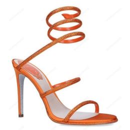 RENE CAOVILLA Cleo open toe sandals crystal embellished spiral snake tail sandals twining rhinestone sandal women Top quality Hot Blue orange stiletto heels shoes