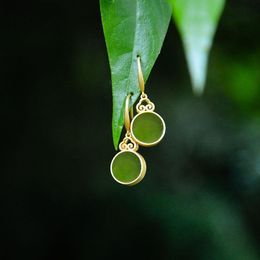 Dangle & Chandelier Sterling Silver Gilt Gold Natural Jasper Earrings Mirror Round Ear Hooks Green And Black Antique Boutique Jewelry For Wo