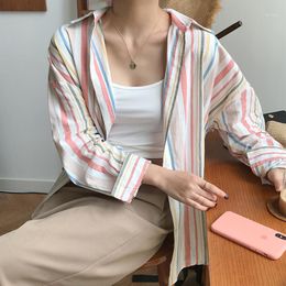 Women's Blouses & Shirts 2colors Colourful Stripe Shirt Casual Long Sleeve Womens Tops And Blouse 2022 (F3743)