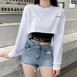 Women's T-Shirt 2022 Gothic Camis Dark Such Cute Black Letter Printed Hip Hop White Loose Women Long Sleeve Crop T-shirts Fashion Two Piece