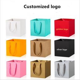 100pcs Custom Square Paper Personalized Gift Packaging Bag With Handle One Color On one side 220704