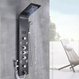 Black Shower Panel Wall Mounted LED Rainfall Waterfall Shower Head Rain Massage Stainless shower