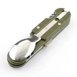 Green Folding Portable Stainless Steel Camping Picnic Cutlery Knife Fork Spoon Bottle Opener Flatware Tableware Travel Kit