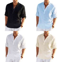 2022 New Men's Casual Linen T shirts Male Mandarin Collar Sexy V Neck Cotton Linen T-shirt Summer Long Sleeve Tops S-4XL Y220606