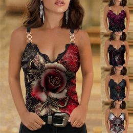 Summer Lace Decoration V-neck Printed Camisole T-shirt Plus Size Women's Casual Sleeveless Top Fashion Sexy Clothing 220325