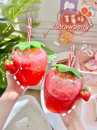 Ins Water Bottle with Straw Strawberries Plastic Lovely Girl Milk Student Portable Water Cup Summer