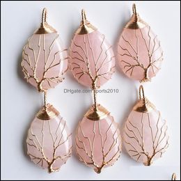 Arts And Crafts Natural Stone Charms Crystal Tree Of Life Pendants Pink Rose Quartz Gold Wire Wrapped Trendy Jewelry Making Sports2010 Dhunj