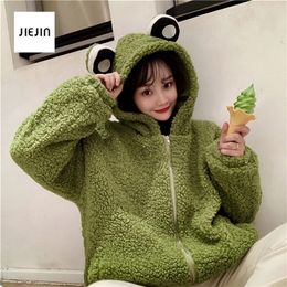 frog hoodie Winter Zipper Plush Comfort Top Winter Thicker Chic cutey coat Outwear Korean Hooded Soft Teens Street Jacket 2xlxl 201208