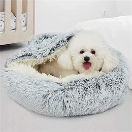 Winter Long Plush Pet Cat Bed Round Home Cushion Warm Luxury Basket Sleep Bag Nest Kennel 2 In 1 For Small Dog 's House 220323