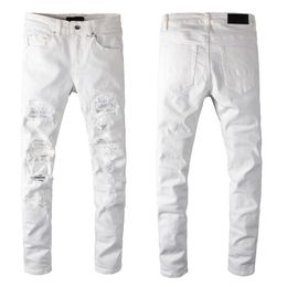 White Jeans With Holes Skinny Ripped Mens Fit Designer Distressed Torn For Man Pants Damaged Patchwork Motorcycle Long Zipper Baggy Denim Youth Slim Straight Hole