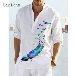 Plus Size Mens Long Sleeve Casual Shirts Male Fashion Top Pullovers Sexy Men clothing Summer Feather Birds Print Blouse 220726