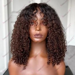 Natural Fringe Kinky Curly Ombre Human Hair Lace Front Wig for Africa-American Women 13x6 Deep Part Lace Frontal Wigs