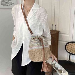 Shopping Bags Summer Straw Bucket Bag for Women Stitching Stripe Basket Bag Ladies Shopper Shoulder Bags Fashion Handbags Purses Ins 220412