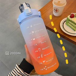 2L Large Capacity Water Bottle Straw Cup High Temperature Plastic Time Scale Frosted Outdoor Sports Student Couple 220809
