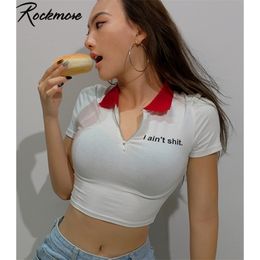 Rockmore Turndown Collar TShirt Women Short Sleeve Crop Top White Letter Print Skinny Tees Shirts Panelled Basic Tshirt Ladies T200614
