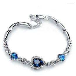 Trendy Accessories Simple Chain Inlay Ocean Royal Blue Heart Crystlal Bracelet For Women Girls Fashion Jewellery Wrist Decor Link