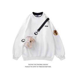 Moishe Tide Fake Two-piece Bear with Bag Round Neck Sweater for Men and Women Loose Ins Hip-hop Couple Plush Jacket