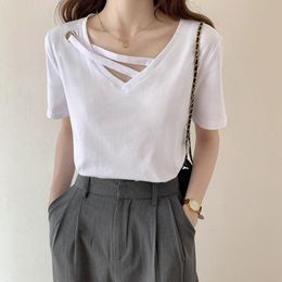 Cotton Short Sleeve White T-shirt Women's Summer V-neck Hollow Out Fashion Designoffice Lady All-match Basic Tees Black Tops