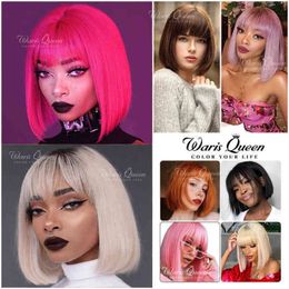 Hair Synthetic Wigs Cosplay Short Bob Wig with Bangs Synthetic Wigs for Women Straight Ombre Rose Red Pink 12 Inch Heat Resistant Lolita Cosplay Party Hair 220225