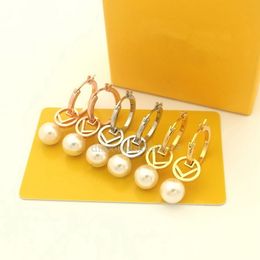 Europe America Fashion Style Hoop Earrings Lady Women Three Colour Hardware Engraved F Letter Tassels Single Pearl Earring