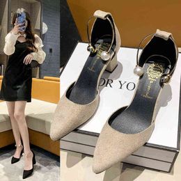Shoes women 2021 new spring and autumn Korean ladies pointed pearl buckle small fresh stiletto high-heeled shoes. G220527