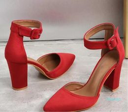 Kleid Schuhe High Heel Pumps Für Frauen Spitzschuh Flock Dicken Absätzen 9 cm Einfarbig Mode Lässig Plus Größe Brand2022