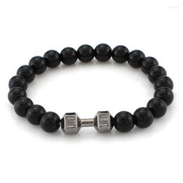 Beaded Strands Black Natural Stone Beads Bracelet Women Pure Manual Weave Alloy Dumbbell Female Unisex Fitness Barbell Jewelry Fawn22