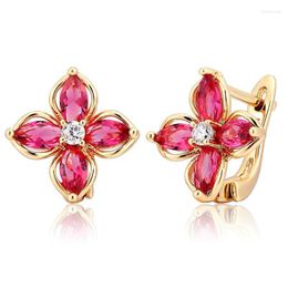 Hoop & Huggie Marquise Cross Red CZ Flower Four Petal Clover Small Earrings For Women Girls Yellow Gold Colour Jewellery Aros AretesHoop Kirs22