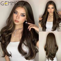 GEMMA Long Water Wave Blue High Temperature Wigs for Black White Women Afro Cosplay Party Daily Synthetic Hair with Bangs220505