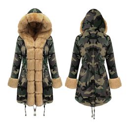 Women's Jackets Ladies Thickened Overcoat Hoodie H Winter Furry Camouflage Artificial Leather Long Sleeve Mid-length Coat JacketWomen's