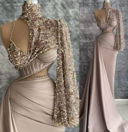 2022 Designer Prom Dresses Long Sleeves One Shoulder Sparkly Sequins Evening Crystals Beaded Party Gowns Plus Size Custom Made Formal Ocn Wear Vestidos 401 401