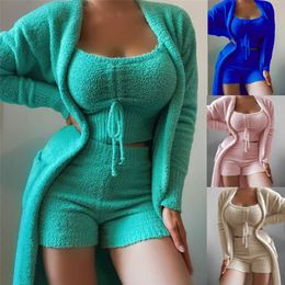 Womens Sleepwear Plush Home Wear 3 Piece Set Fashion Casual Solid Cardigan Vest Shorts Outfits Wholesale K10185