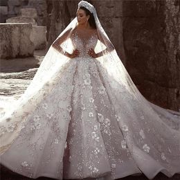 2022 Glamouröse luxuriöse Dubai Arabische neue Lace -Ball -Kleider Brautkleider Langarm 3D Blumen Perlen Hochzeitskleid Brautkleider BC0151 0328