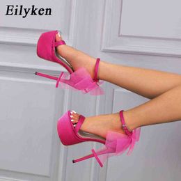 Nxy Sandals New Brand Platform Bow-knot Mesh Women Sexy Designer Super Thick High Heels Dress Party Wedding Shoes Pumps