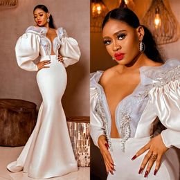 White Beads Mermaid Prom Dresses Deep V Neck Off Shoulder Tulle Evening Dress Real Image Custom Made Plus Size Gown