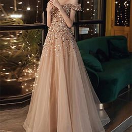 champagne gold evening dresses UK - Sexy Champagne Gold Evening Dresses A-Line Off Shoulder Luxury Sequins Beading Long Wedding Formal Guests Party Prom Gowns W220421