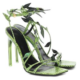 Sandals Green Leaf High Heel Women Snakeskin Sandalias Mujer 2022 Sexy Frauen Sandalen Stiletto Heels Ladies Shoes Summer Pumps