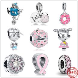 925 Silver Fit Pandora Charm 925 Bracelet Rose Girl Boy Pink Sparkle Spacer Clip charms set Pendant DIY Fine Beads Jewellery