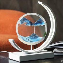 Quicksand Art LED Bedside Table Lamp Night Light Bedroom Sand Scene Dynamic Round Glass Hourglass 220329